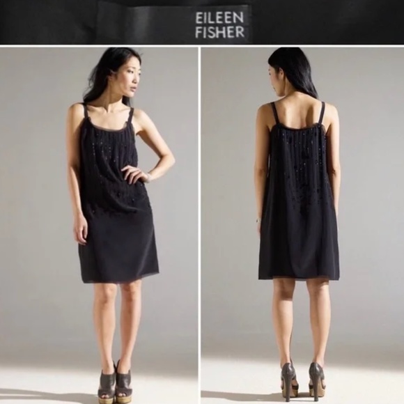Eileen Fisher 100% Silk Dress Black with sequins spaghetti straps. Size 16 - Picture 14 of 14